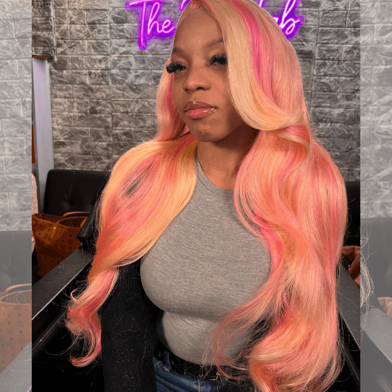 SZC 613 Blonde Pink Highlights 200 Density 13x4 Lace Front Human Hair Wigs