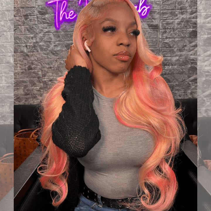 SZC 613 Blonde Pink Highlights 200 Density 13x4 Lace Front Human Hair Wigs