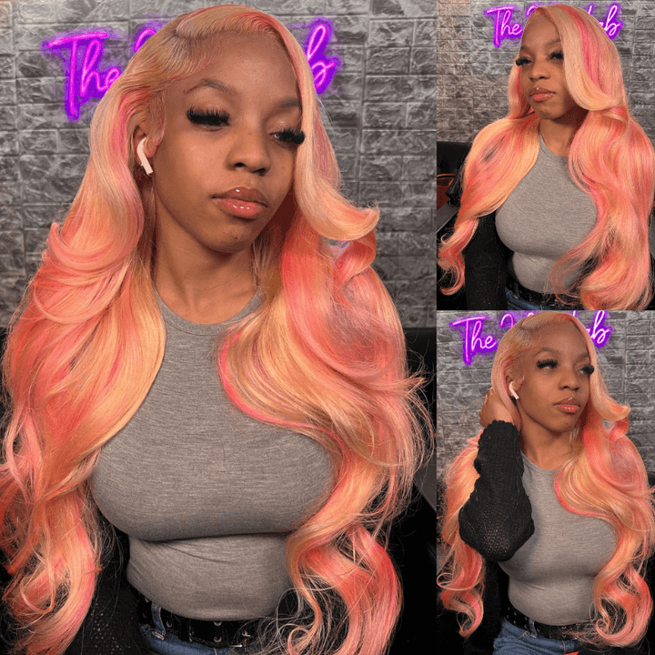 SZC 613 Blonde Pink Highlights 200 Density 13x4 Lace Front Human Hair Wigs