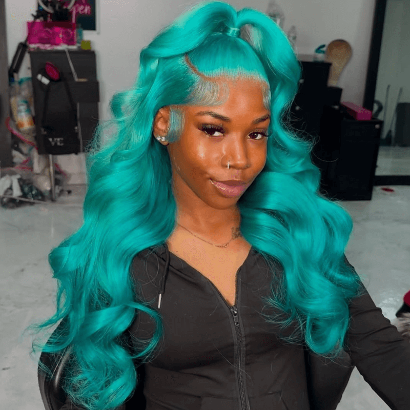 SZC Aqua Teal Blue Body Wave 13x4 HD Lace Front Virgin Human Hair Wigs