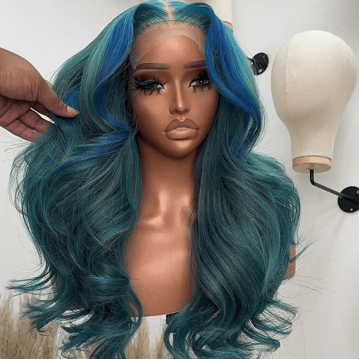 SZC Ash Blue Green Skunk Stripe Body Wave Virgin Remy Human Hair Wigs