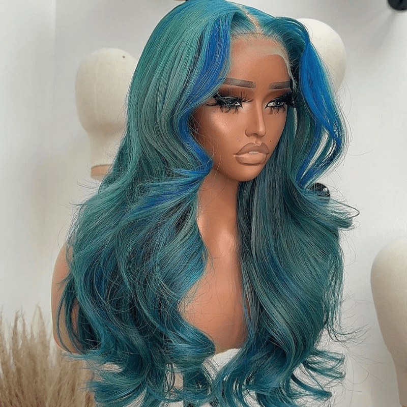 SZC Ash Blue Green Skunk Stripe Body Wave Virgin Remy Human Hair Wigs