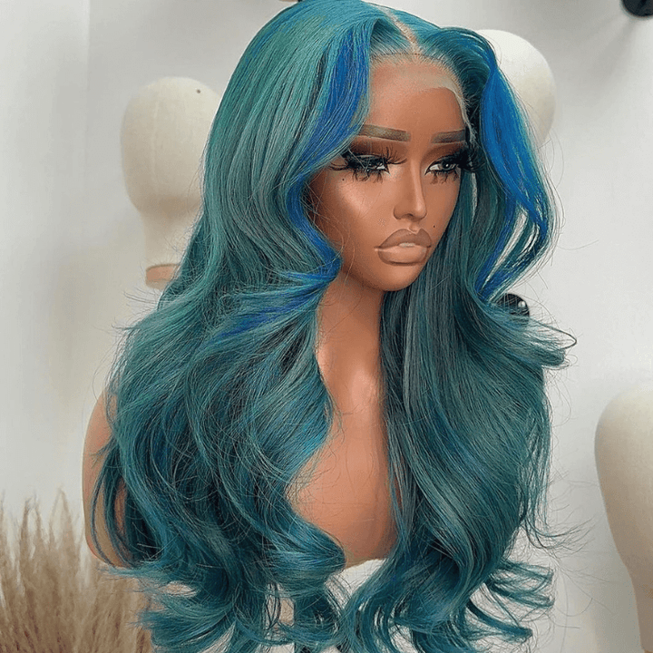 SZC Ash Blue Green Skunk Stripe Body Wave Virgin Remy Human Hair Wigs