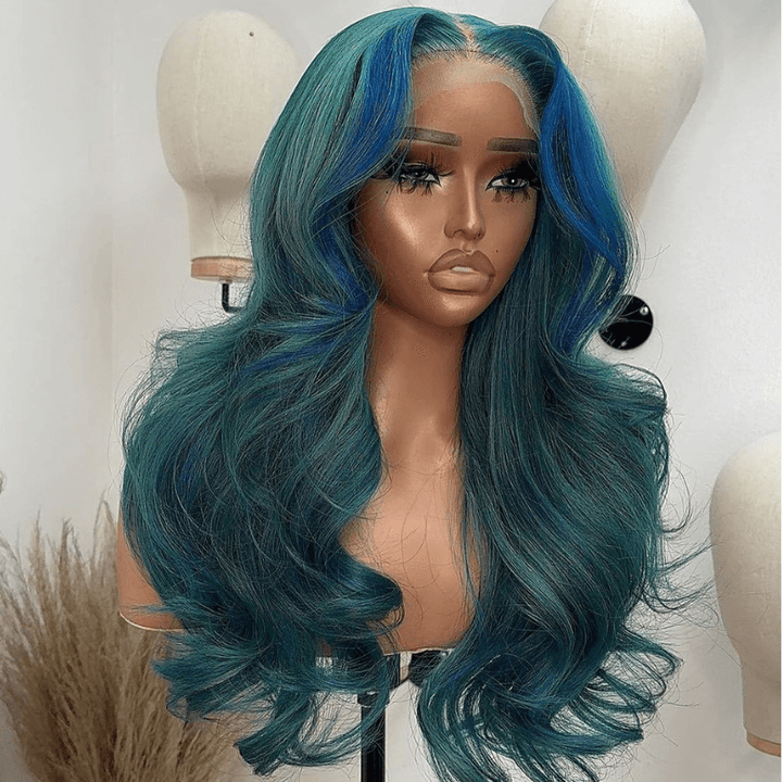 SZC Ash Blue Green Skunk Stripe Body Wave Virgin Remy Human Hair Wigs