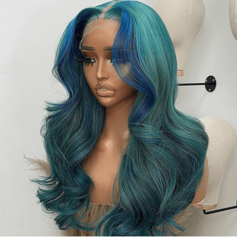 SZC Ash Blue Green Skunk Stripe Body Wave Virgin Remy Human Hair Wigs