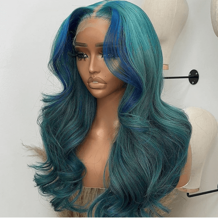 SZC Ash Blue Green Skunk Stripe Body Wave Virgin Remy Human Hair Wigs