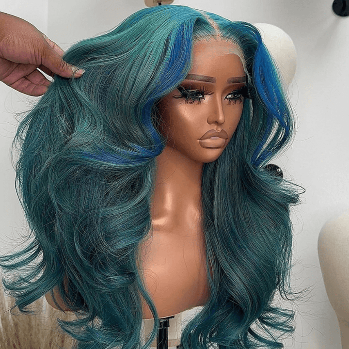 SZC Ash Blue Green Skunk Stripe Body Wave Virgin Remy Human Hair Wigs