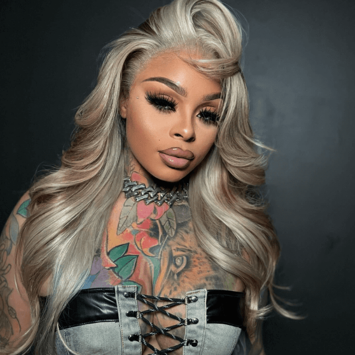 SZC Ash Gray Brown Highlights Streaks Lace Front Body Wave Human Hair Wig