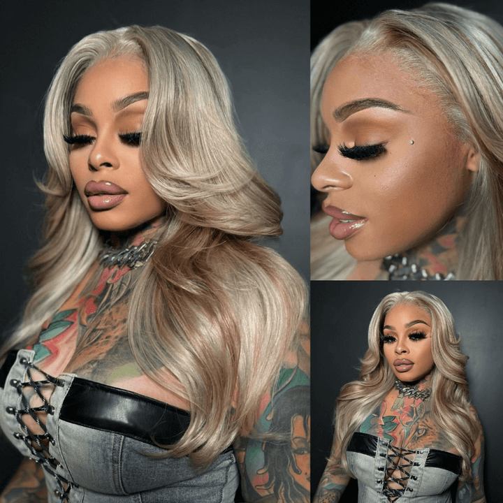 SZC Ash Gray Brown Highlights Streaks Lace Front Body Wave Human Hair Wig