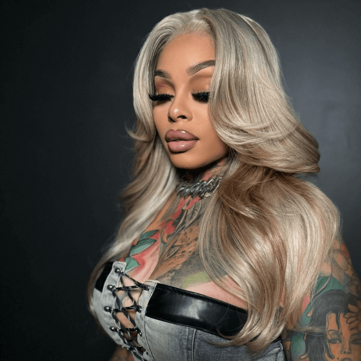 SZC Ash Gray Brown Highlights Streaks Lace Front Body Wave Human Hair Wig