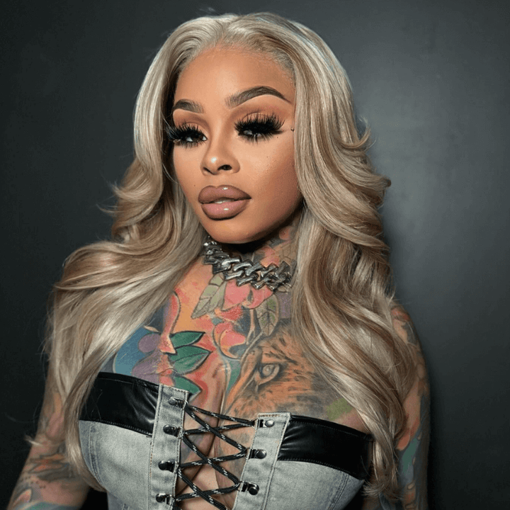 SZC Ash Gray Brown Highlights Streaks Lace Front Body Wave Human Hair Wig