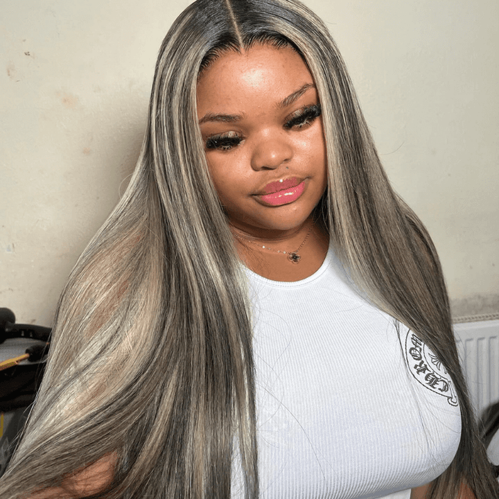 SZC Balayage Black Brown Highlight 13x4 Lace Front Straight Human Hair Wig