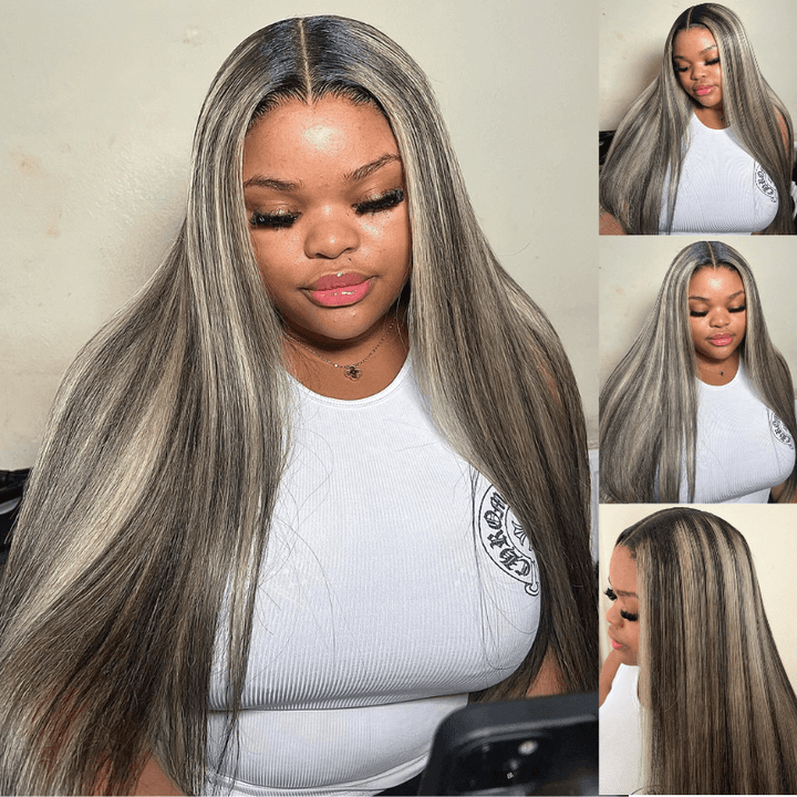 SZC Balayage Black Brown Highlight 13x4 Lace Front Straight Human Hair Wig