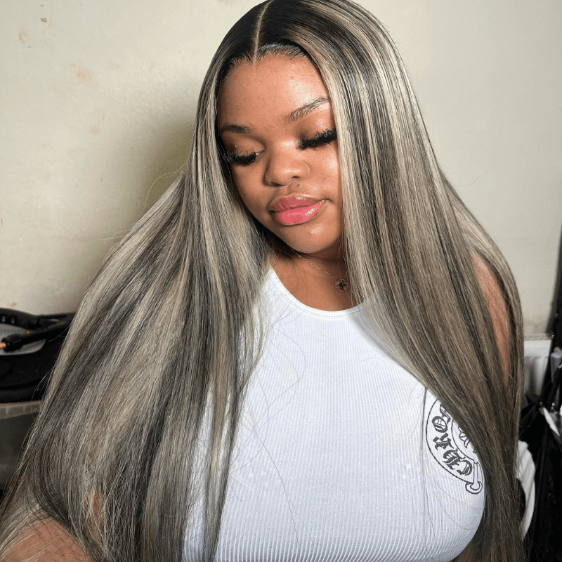 SZC Balayage Black Brown Highlight 13x4 Lace Front Straight Human Hair Wig