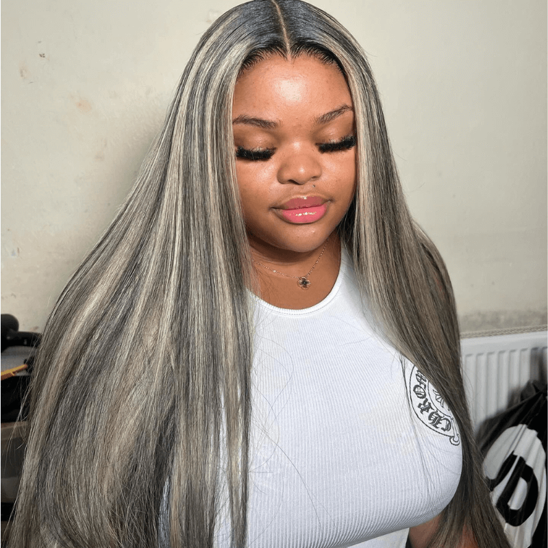 SZC Balayage Black Brown Highlight 13x4 Lace Front Straight Human Hair Wig