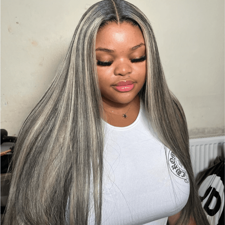 SZC Balayage Black Brown Highlight 13x4 Lace Front Straight Human Hair Wig