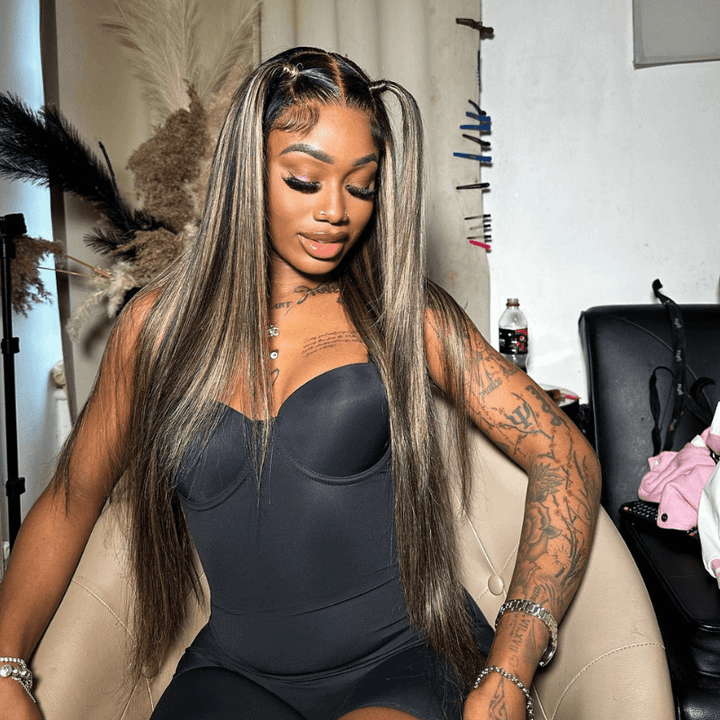 SZC Balayage Black Brown Highlights Straight Body Wave Lace Front Hair Wig