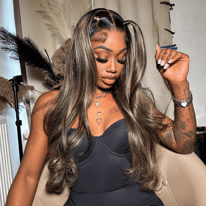 SZC Balayage Black Brown Highlights Straight Body Wave Lace Front Hair Wig