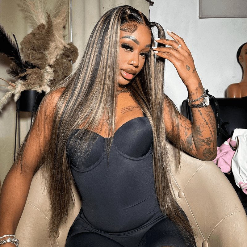 SZC Balayage Black Brown Highlights Straight Body Wave Lace Front Hair Wig