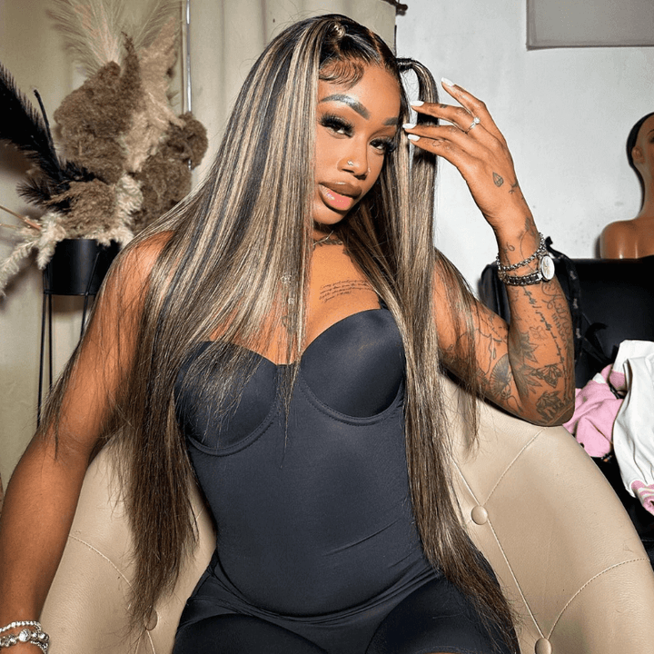 SZC Balayage Black Brown Highlights Straight Body Wave Lace Front Hair Wig