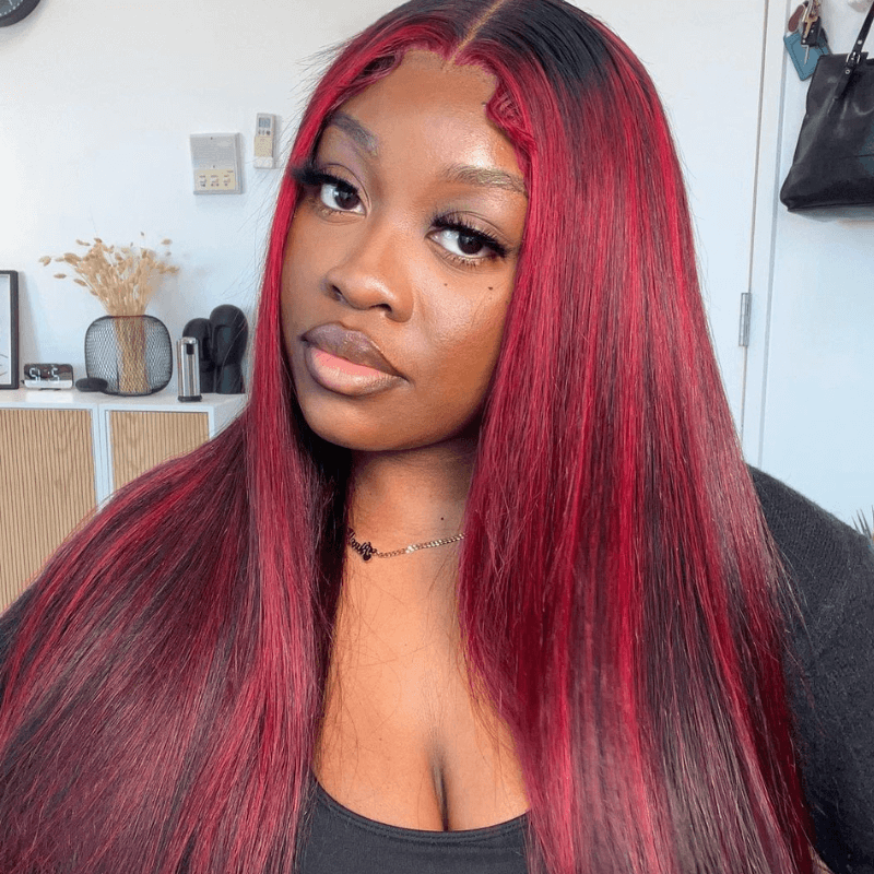 SZC Balayage Black Red Highlights 200 Density Bone Straight Lace Front Wig