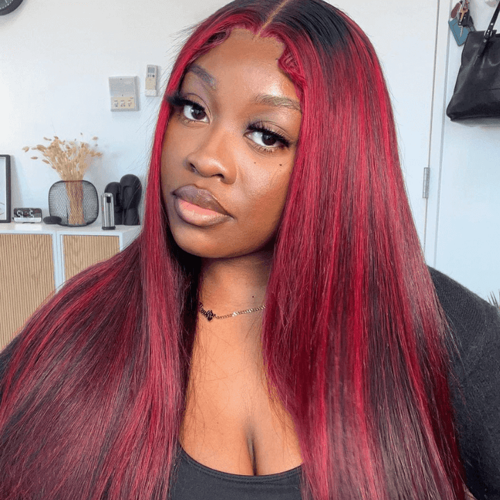 SZC Balayage Black Red Highlights 200 Density Bone Straight Lace Front Wig