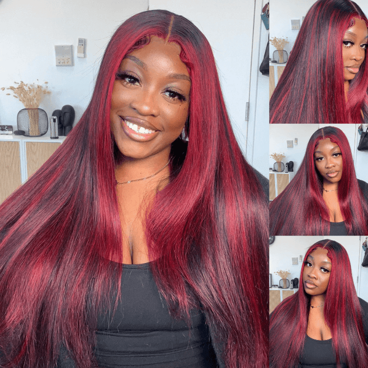 SZC Balayage Black Red Highlights 200 Density Bone Straight Lace Front Wig