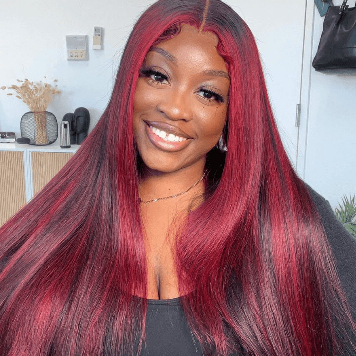 SZC Balayage Black Red Highlights 200 Density Bone Straight Lace Front Wig