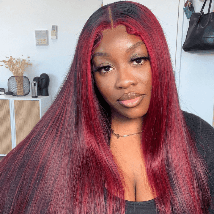SZC Balayage Black Red Highlights 200 Density Bone Straight Lace Front Wig