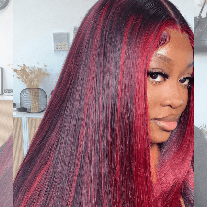 SZC Balayage Black Red Highlights 200 Density Bone Straight Lace Front Wig