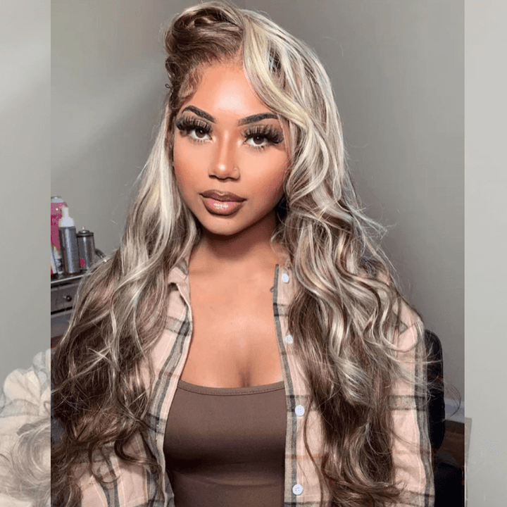 SZC Balayage Blonde Brown Highlights 13x4 Lace Front Virgin Human Hair Wig