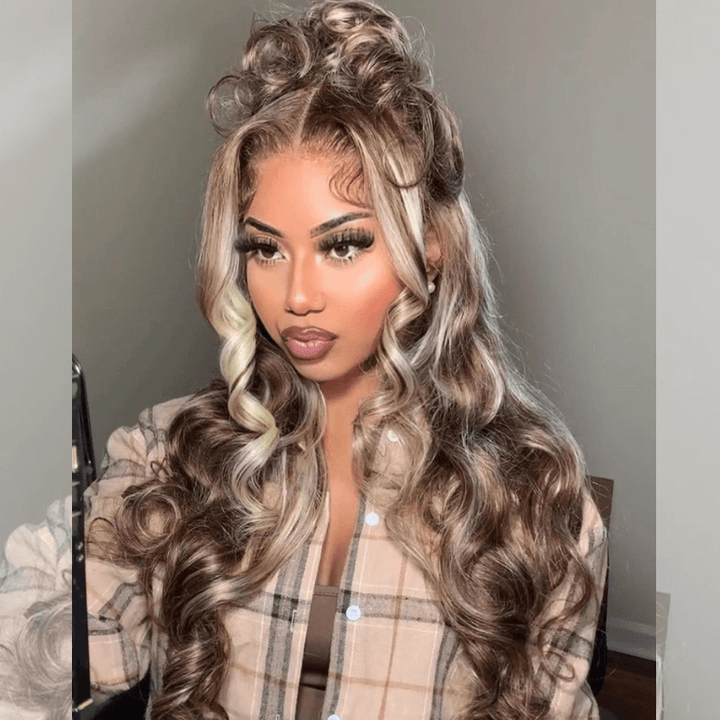 SZC Balayage Blonde Brown Highlights 13x4 Lace Front Virgin Human Hair Wig