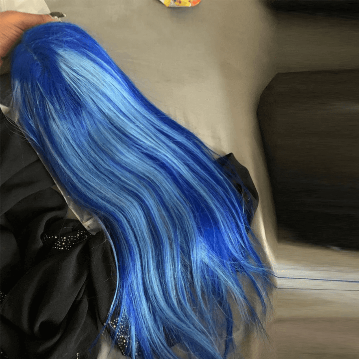 SZC Balayage Dark Light Ocean Blue Money Piece Lace Front Human Hair Wigs
