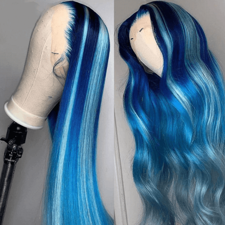 SZC Balayage Dark Light Ocean Blue Money Piece Lace Front Human Hair Wigs