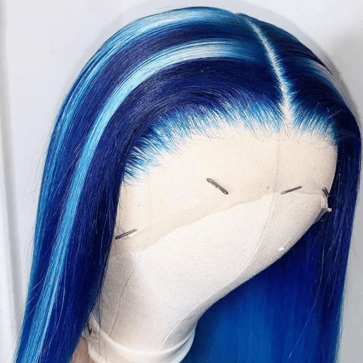 SZC Balayage Dark Light Ocean Blue Money Piece Lace Front Human Hair Wigs