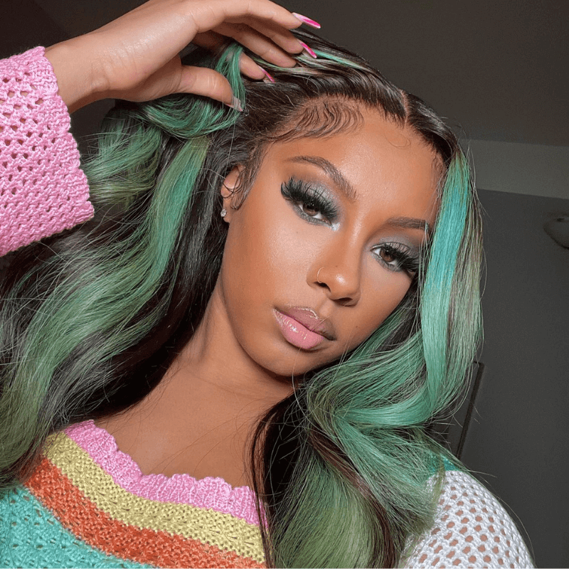 SZC Balayage Green Black Highlight Straight Body Wave Virgin Hair Wigs