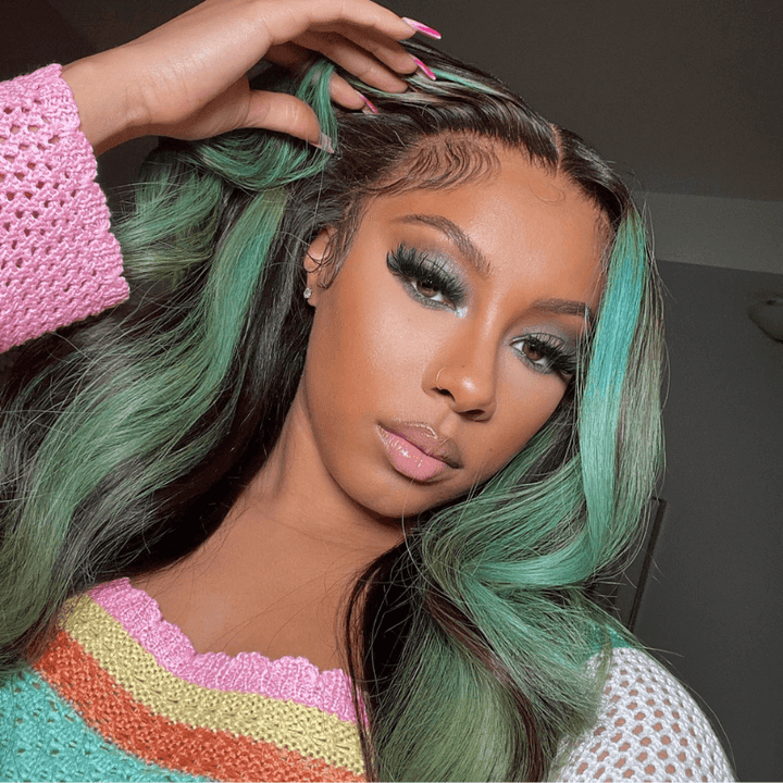 SZC Balayage Green Black Highlight Straight Body Wave Virgin Hair Wigs