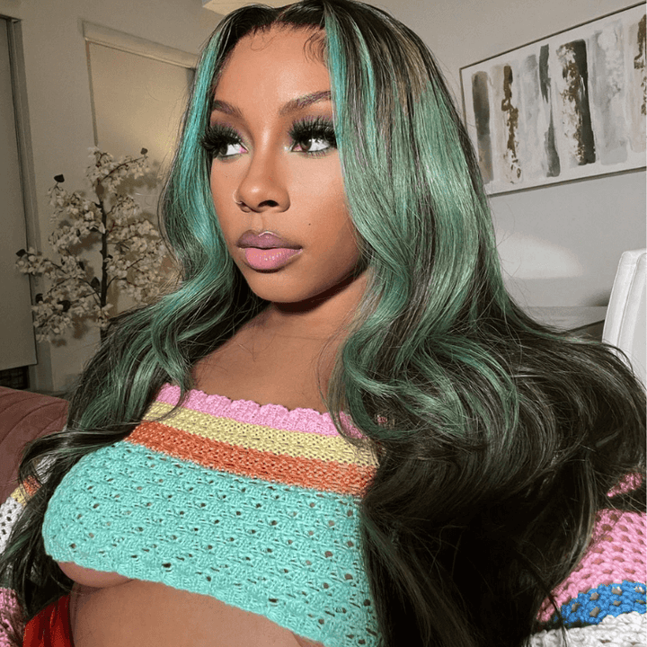 SZC Balayage Green Black Highlight Straight Body Wave Virgin Hair Wigs