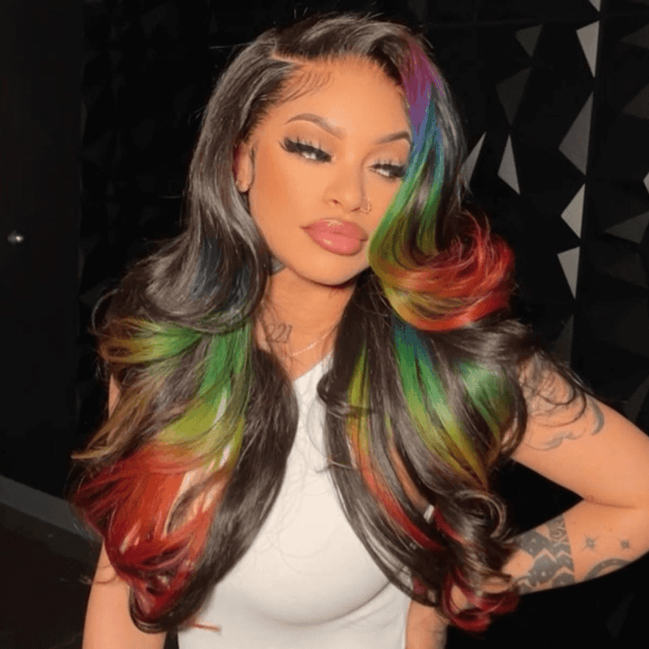 SZC Black With Blue Green Red Highlight 13x4 HD Lace Front Human Hair Wigs