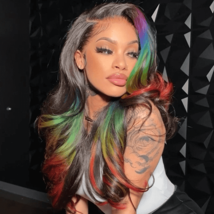 SZC Black With Blue Green Red Highlight 13x4 HD Lace Front Human Hair Wigs