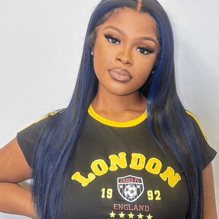 SZC Black With Blue Highlight Bone Straight Lace Front Human Hair Wigs
