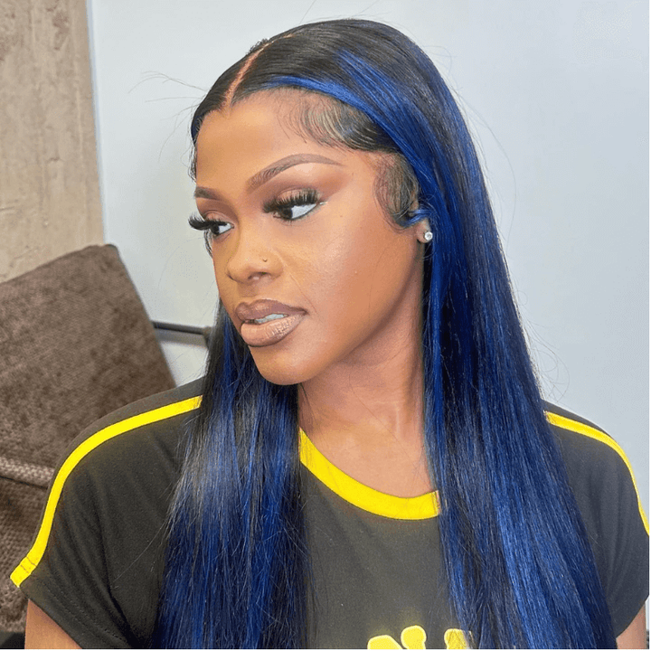 SZC Black With Blue Highlight Bone Straight Lace Front Human Hair Wigs