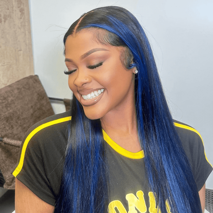 SZC Black With Blue Highlight Bone Straight Lace Front Human Hair Wigs