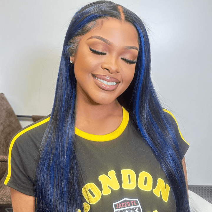 SZC Black With Blue Highlight Bone Straight Lace Front Human Hair Wigs