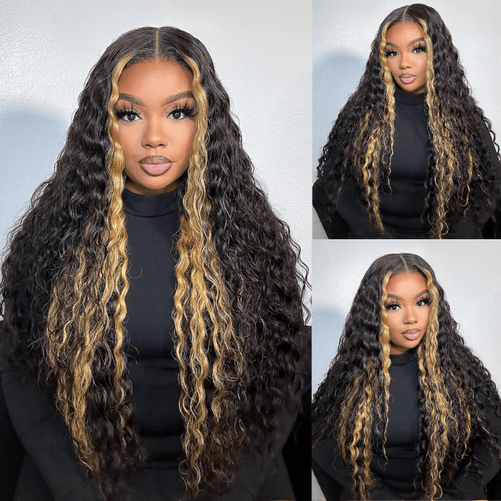 SZC Black With Brown Skunk Stripe Highlight Deep Wave Curly Human Hair Wig