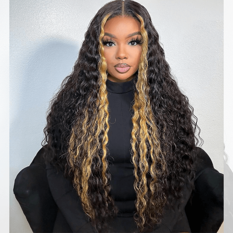 SZC Black With Brown Skunk Stripe Highlight Deep Wave Curly Human Hair Wig