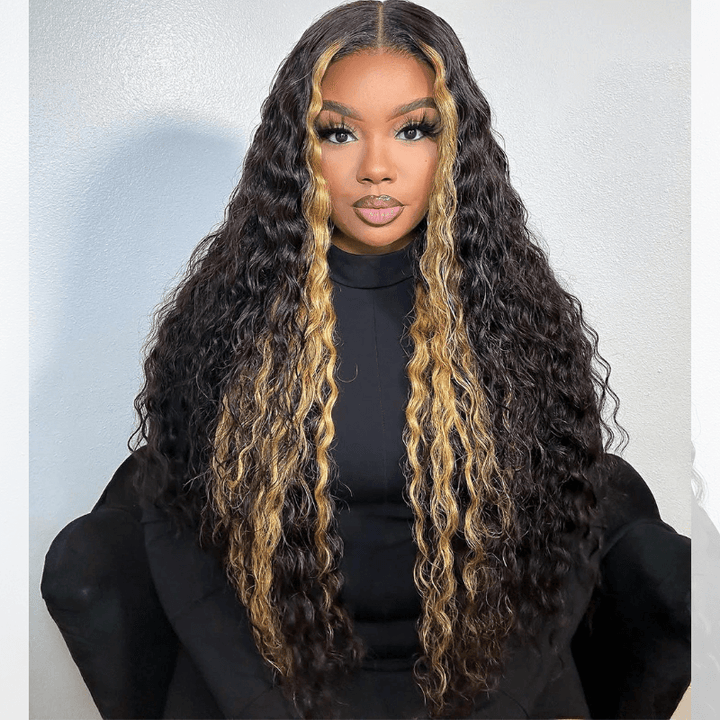 SZC Black With Brown Skunk Stripe Highlight Deep Wave Curly Human Hair Wig