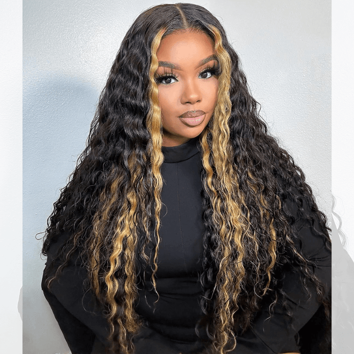 SZC Black With Brown Skunk Stripe Highlight Deep Wave Curly Human Hair Wig