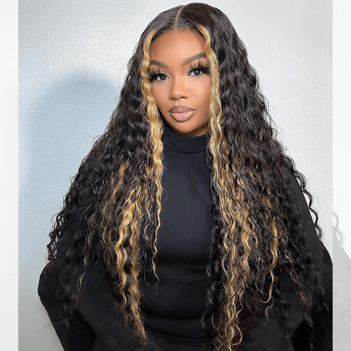 SZC Black With Brown Skunk Stripe Highlight Deep Wave Curly Human Hair Wig