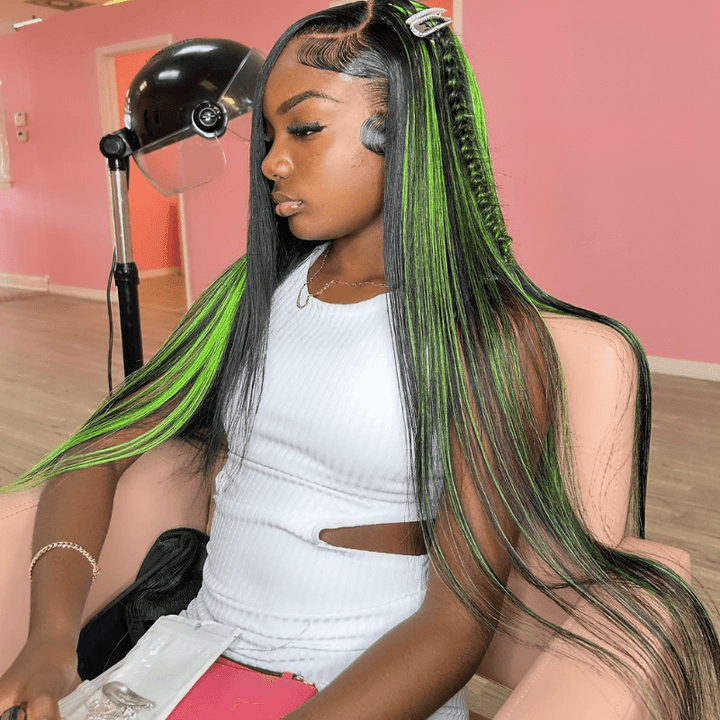 SZC Black With Green Highlight Bone Straight Lace Front Human Hair Wig